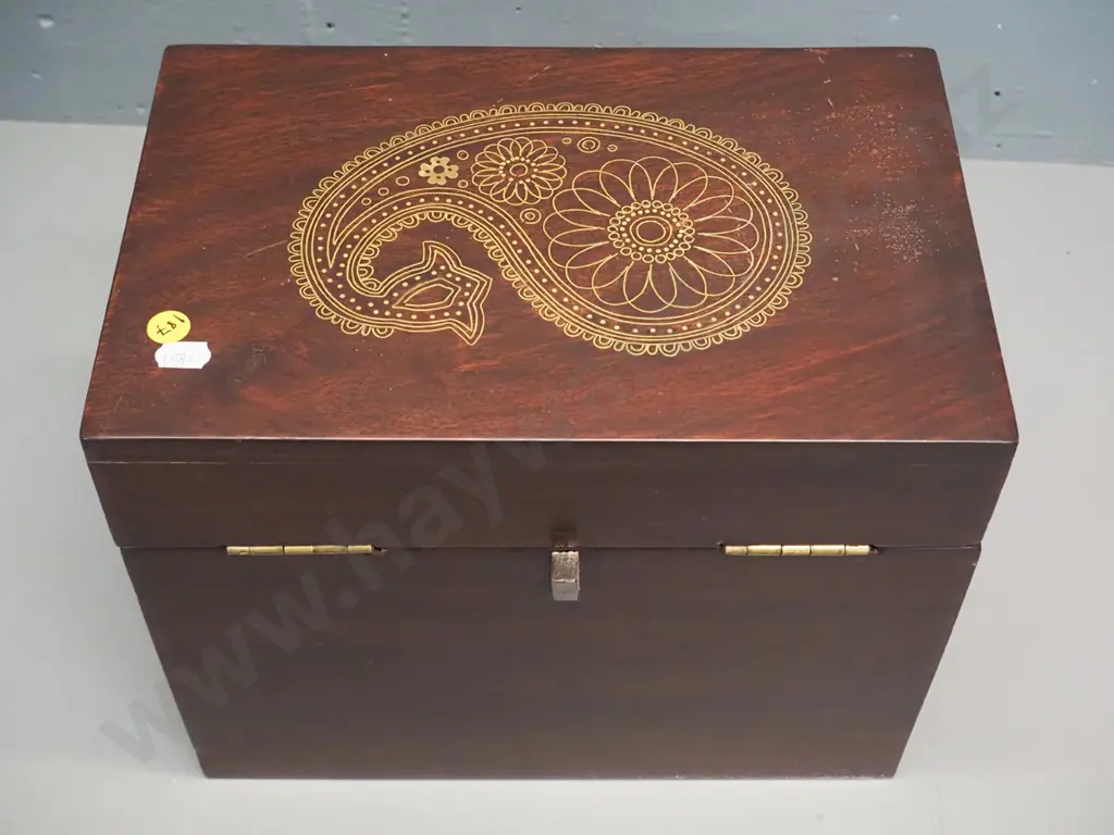lidded timber (Rosewood?) box with brass hinge, handles and catch, Indian style brass inlay design on top - some pitting Image 1++