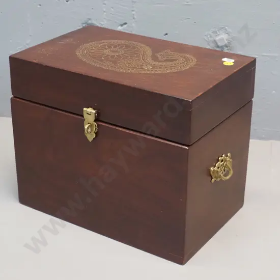 lidded timber (Rosewood?) box with brass hinge, handles and catch, Indian style brass inlay design on top - some pitting