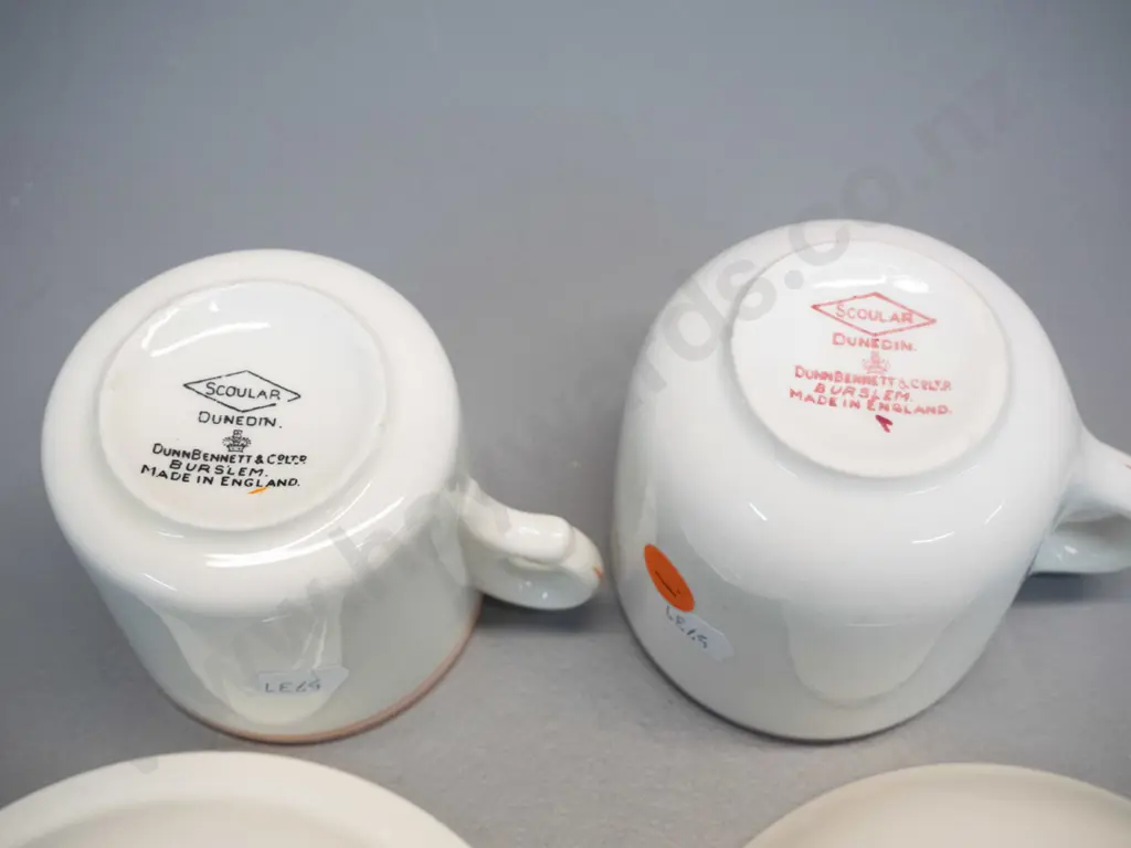 2 Dunn Bennett Burslem cups & saucers, branded Scoular Dunedin, attributed ex-Seacliff Hospital Image 1++
