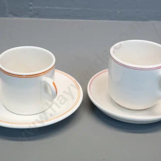 2 Dunn Bennett Burslem cups & saucers, branded Scoular Dunedin, attributed ex-Seacliff Hospital
