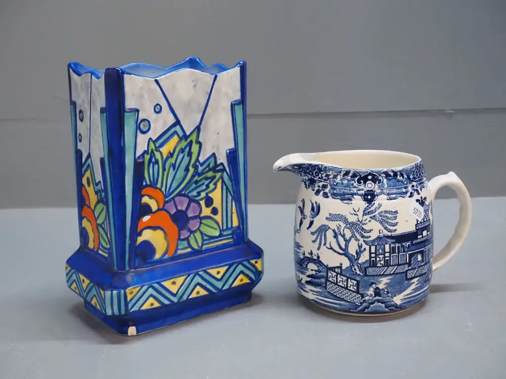 2 pieces English porcelain - TF&S "Syrian" pattern vase H-190 W-140 D-90 (some chips) and a Burleigh Willow pattern Image 1++