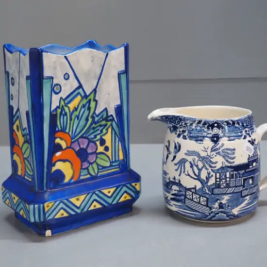 2 pieces English porcelain - TF&S "Syrian" pattern vase H-190 W-140 D-90 (some chips) and a Burleigh Willow pattern