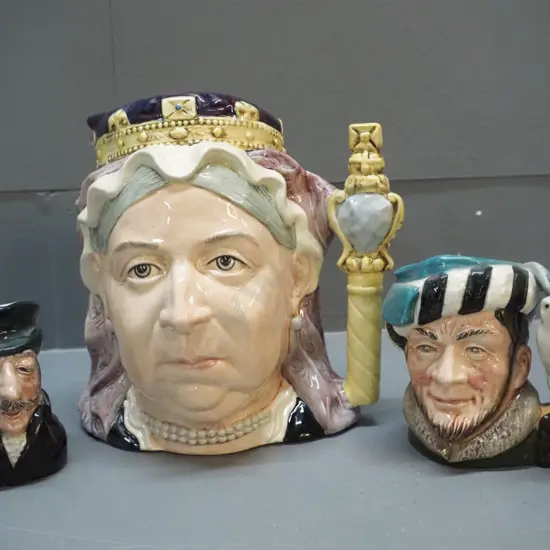 3 character jugs - Royal Doulton Queen Victoria H-190 and smaller Falconer, and a Kelsboro The Colonel