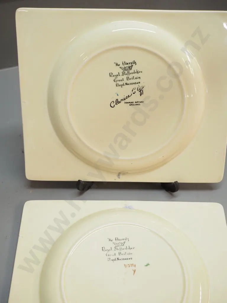 2 Royal Staffordshire Biarritz plates, one with trees marked Clarice Cliff H-180 W-230 Image 1++