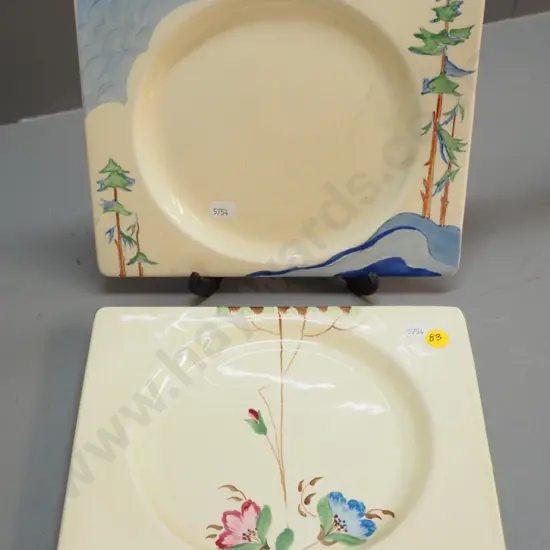 2 Royal Staffordshire Biarritz plates, one with trees marked Clarice Cliff H-180 W-230