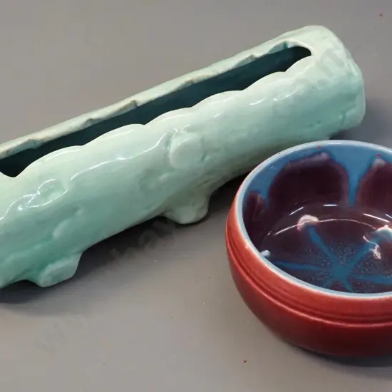 2 pieces O.C. Stephens pottery - small bowl D-95 and a log trough with a few flecks to the glaze L-210