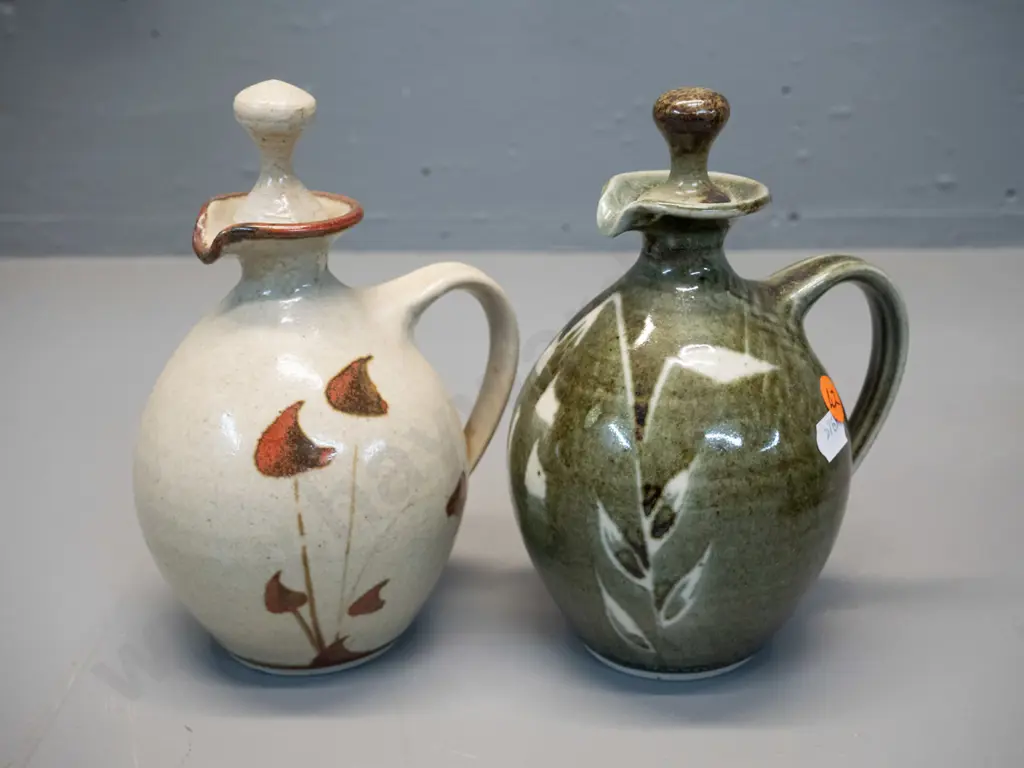 2 NZ studio pottery stoppered sauce bottles - Barry Brickell? See photos of marks, brown H-175 has a few chips to base Image 1++