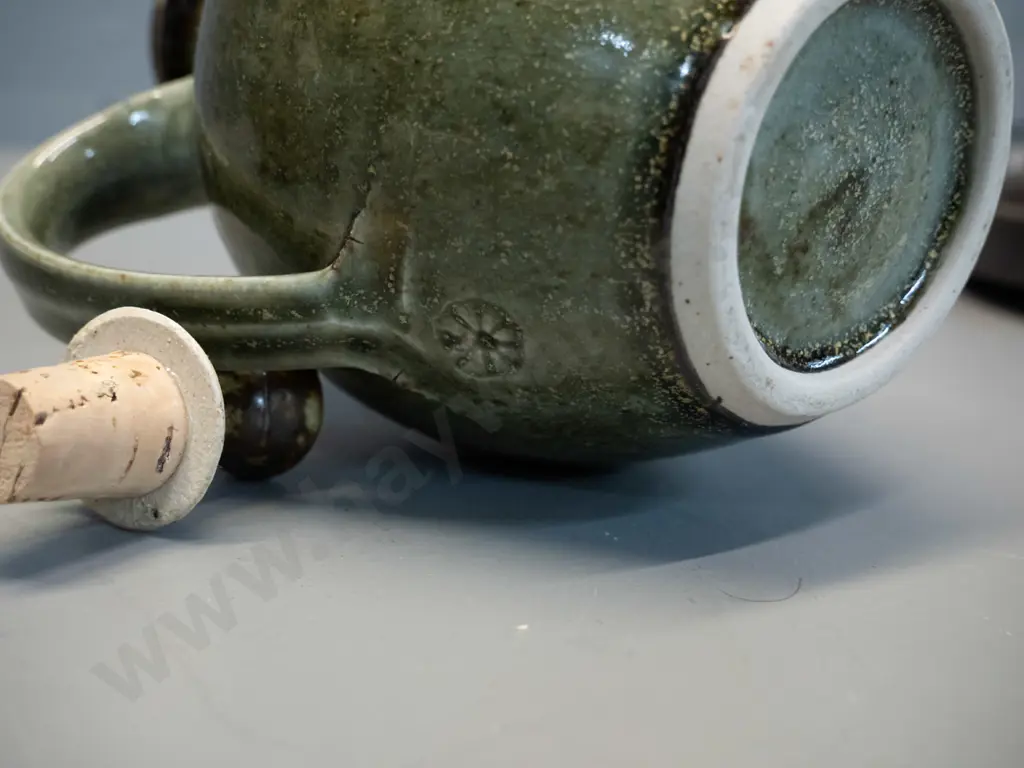 2 NZ studio pottery stoppered sauce bottles - Barry Brickell? See photos of marks, brown H-175 has a few chips to base Image 1++