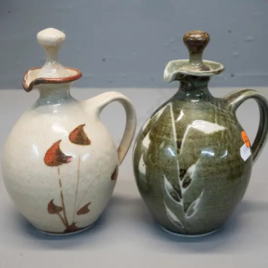 2 NZ studio pottery stoppered sauce bottles - Barry Brickell? See photos of marks, brown H-175 has a few chips to base