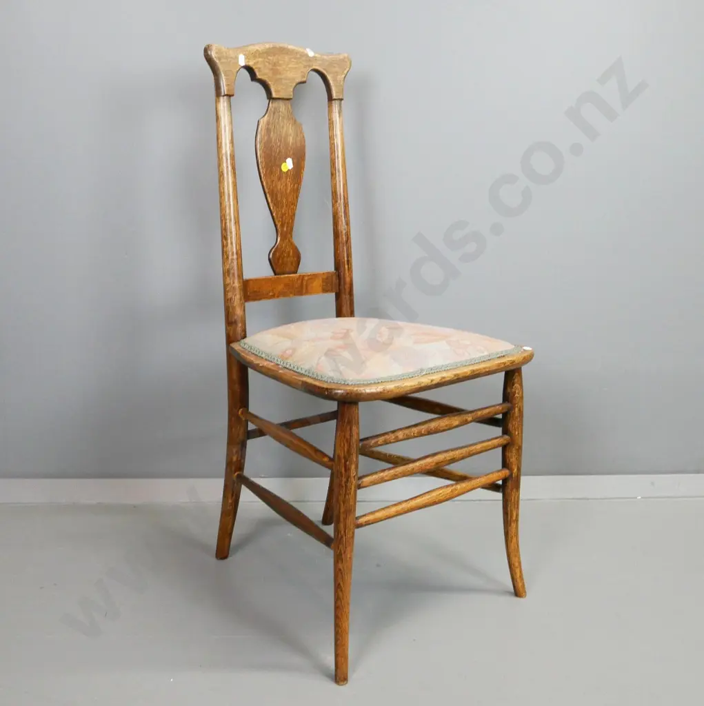 vintage oak splat back bedroom chair with turned rail base, upholstered seat - fading and wear to polish. H-900 W-430 Image 1++