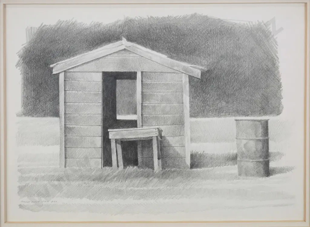 Bruce Hunt 1984 -framed pencil - small building H-160 W-230 Image 1++