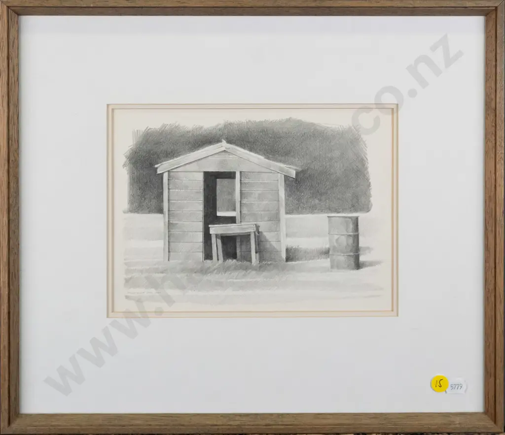 Bruce Hunt 1984 -framed pencil - small building H-160 W-230 Image 1++