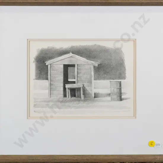 Bruce Hunt 1984 -framed pencil - small building H-160 W-230