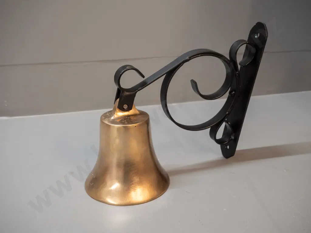 heavy brass bell, no clapper, on painted metal wall mount - bell is H-120 D-120 Image 1++