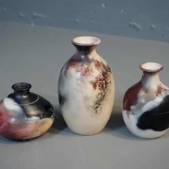 3 small raku glaze pottery vases - one marked Isobel Spittle, tallest is H-140