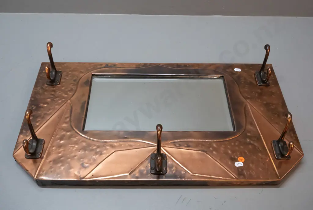 vintage bevelled wall mirror with beaten copper cladding, 5 coat hooks H-375 W-625 Image 1++
