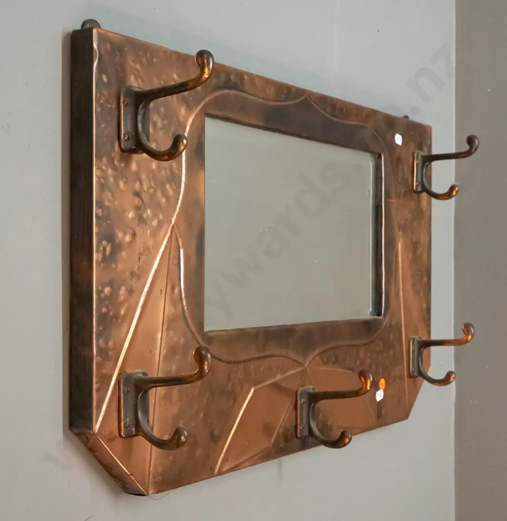 vintage bevelled wall mirror with beaten copper cladding, 5 coat hooks H-375 W-625 Image 1++