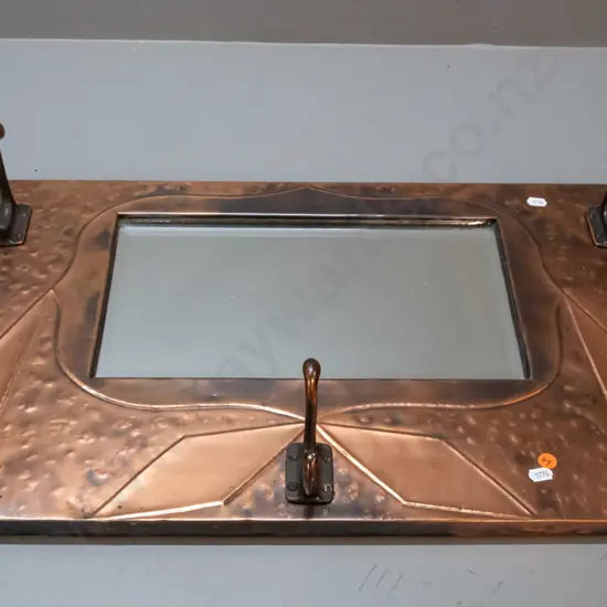 vintage bevelled wall mirror with beaten copper cladding, 5 coat hooks H-375 W-625