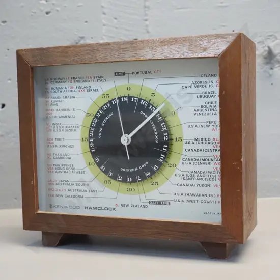 retro wood-cased Kenwood Hamclock time zone with ham radio call signs, battery quartz movement H-180 W-200 D-80