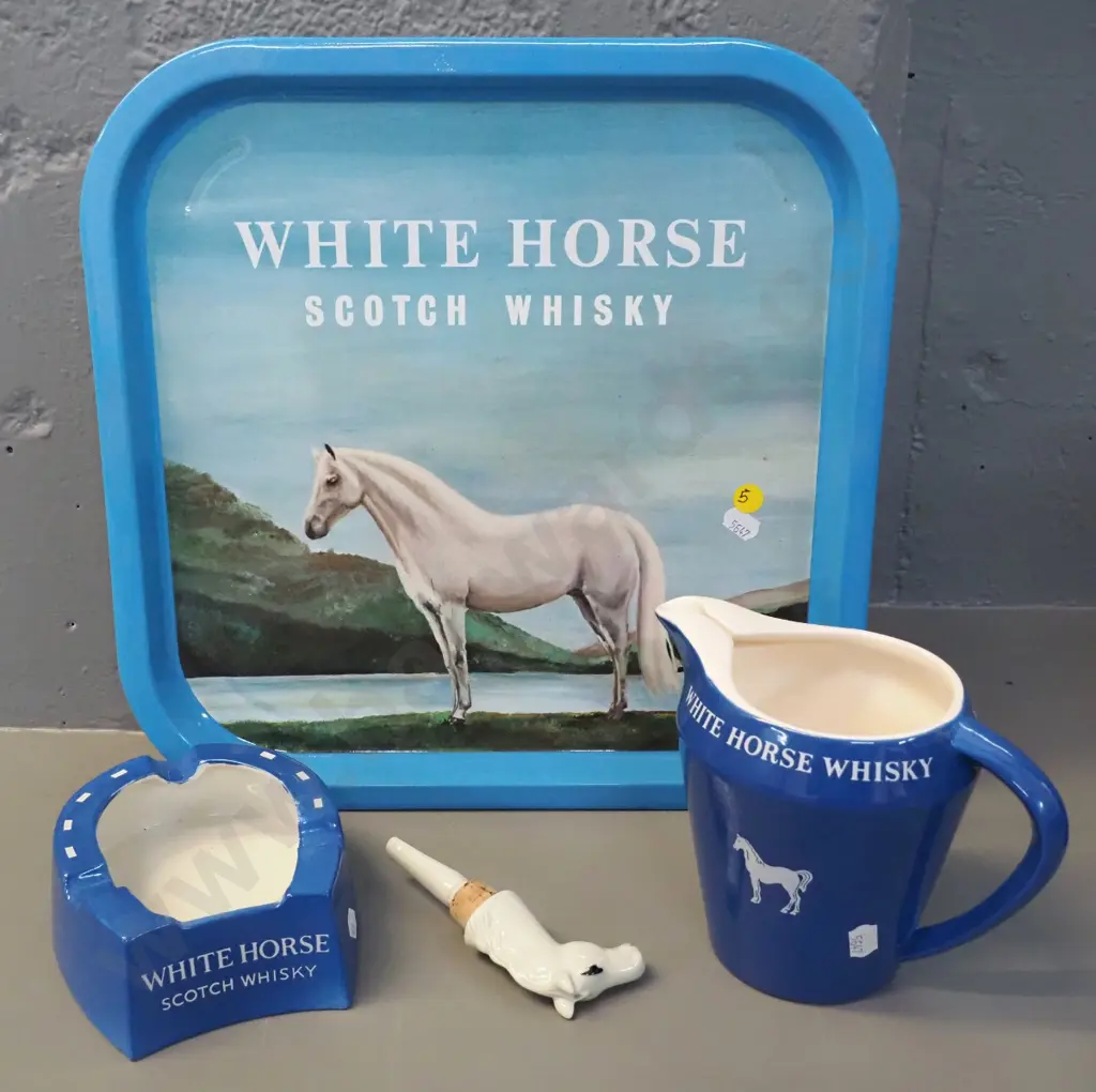 White Horse whisky items - Wade Jug, Portmeirion ashtray, printed tin tray 345 x 345, and a horse head bottle stopper Image 1++