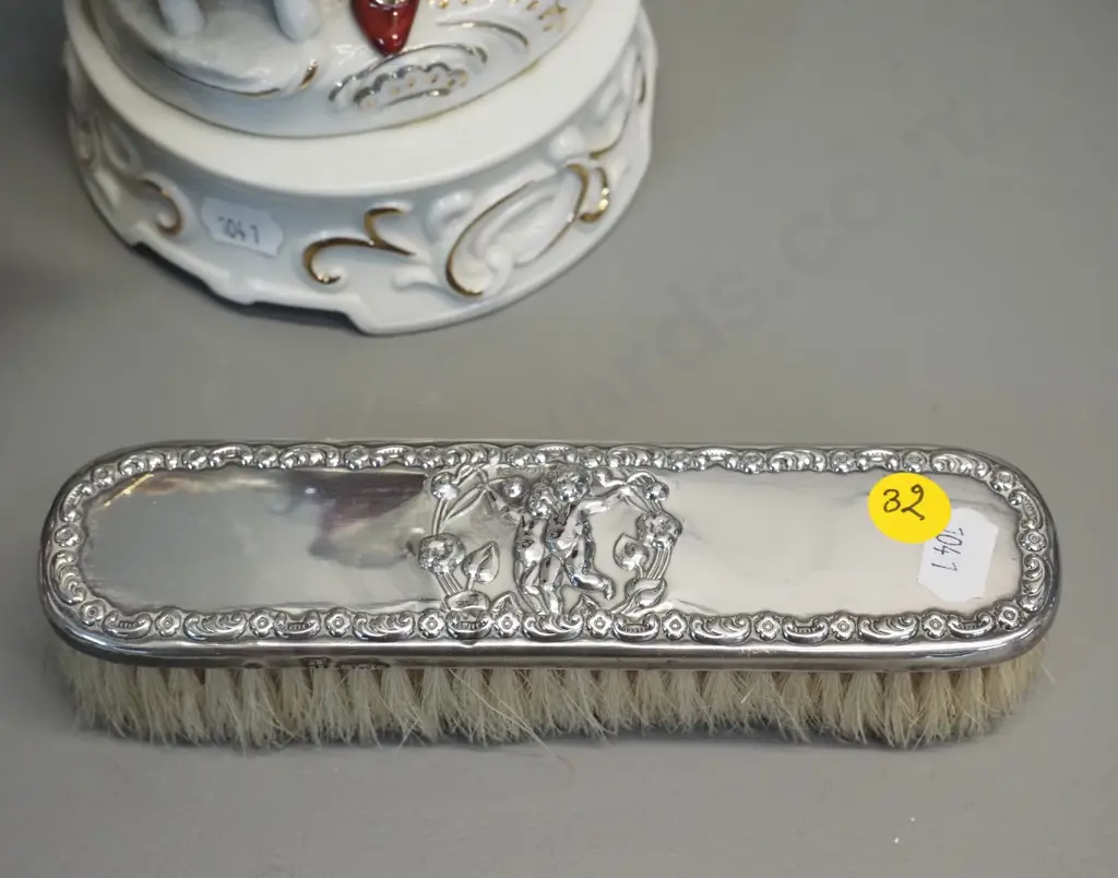 Sterling silver-backed clothes brush, Limoges vase, and a continental musical figurine H-310 Image 1++