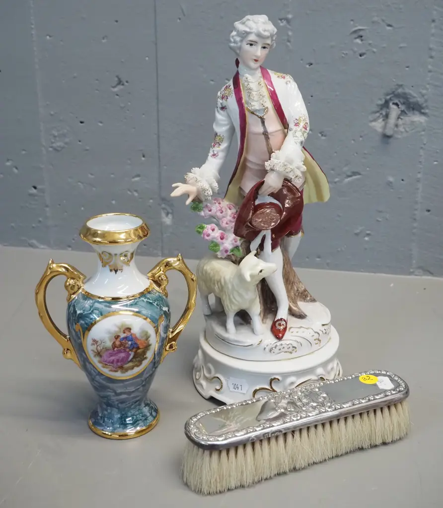 Sterling silver-backed clothes brush, Limoges vase, and a continental musical figurine H-310 Image 1++