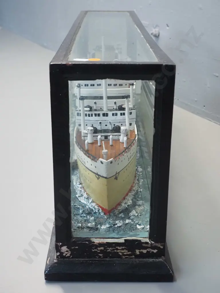 vintage model passenger ship in glazed timber display case - RMS Orion. Some paint flaking from case. H-280 L-770 D-160 Image 1++
