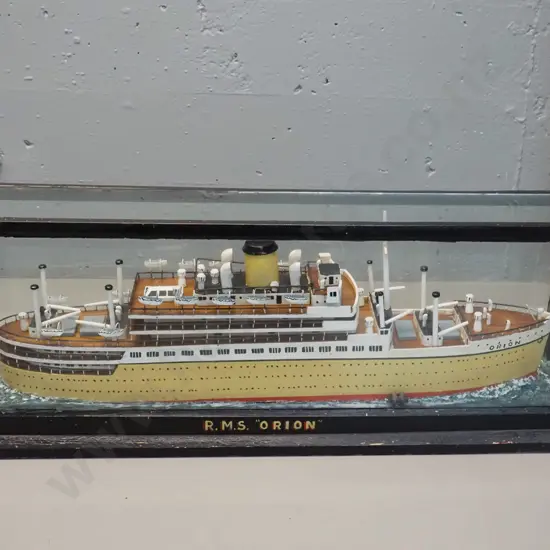 vintage model passenger ship in glazed timber display case - RMS Orion. Some paint flaking from case. H-280 L-770 D-160