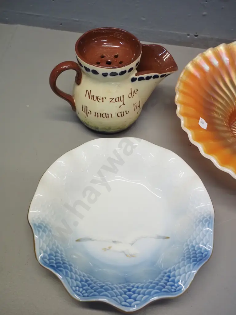 Torquay ware shaving mug, carnival glass bowl D-230 and a Bing & Grondahl seagull sweet dish with a chip under rim Image 1++