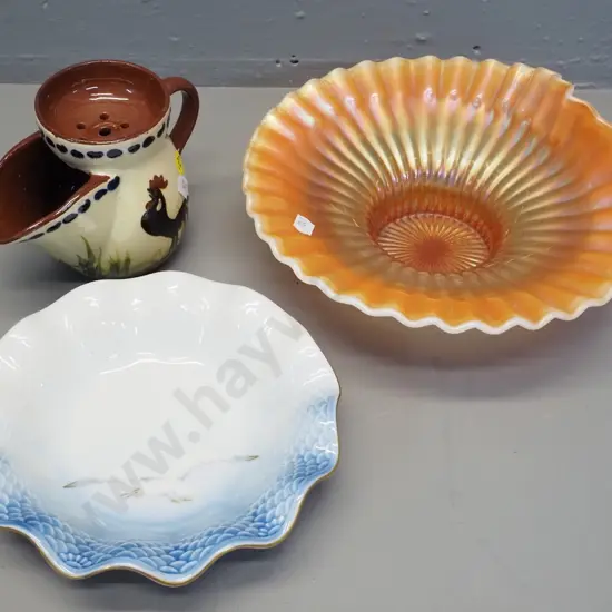 Torquay ware shaving mug, carnival glass bowl D-230 and a Bing & Grondahl seagull sweet dish with a chip under rim