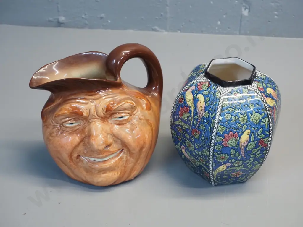 2 pieces of Royal Doulton - John Barleycorn large character jug and a Persian pattern vase w/under-glaze fault to rim - Image 1++