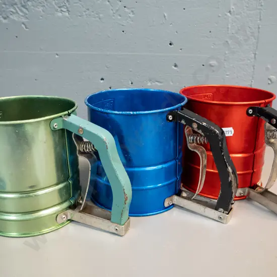 3 vintage various coloured aluminium Propert Multi-Sift flour sifters H140 - some wear to finish on handles