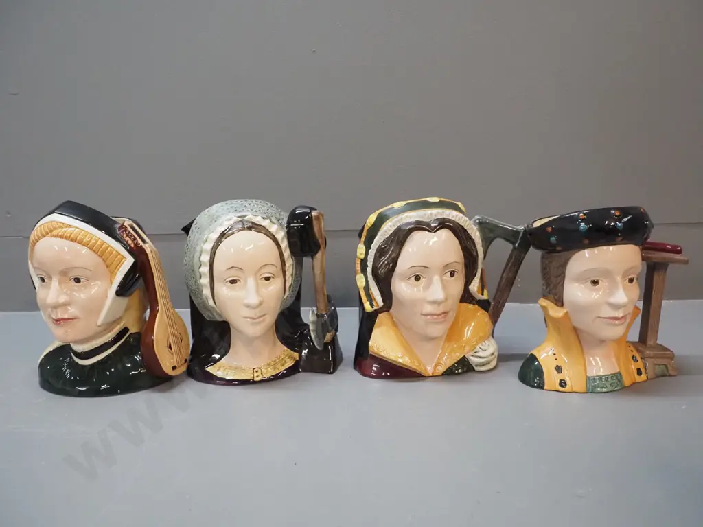 set of 7 Royal Doulton character jugs - King Henry VIII and his 6 wives - Catherine of Aragon H-180, Anne Boleyn, Jane Image 1++