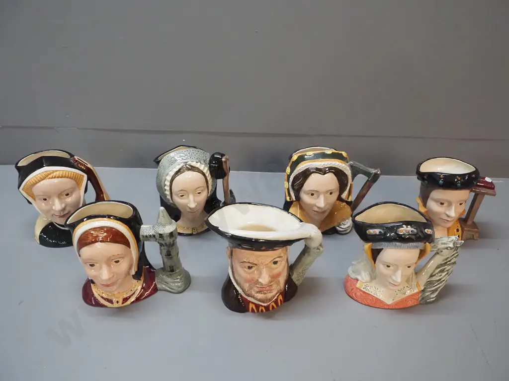 set of 7 Royal Doulton character jugs - King Henry VIII and his 6 wives - Catherine of Aragon H-180, Anne Boleyn, Jane Image 1++