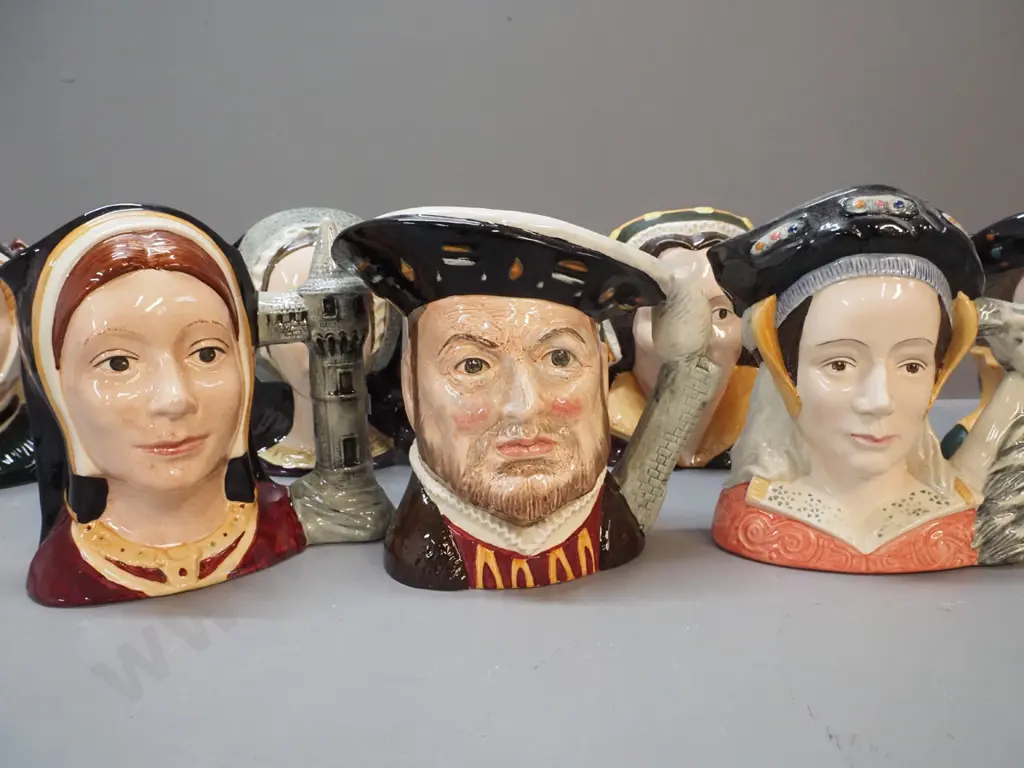 set of 7 Royal Doulton character jugs - King Henry VIII and his 6 wives - Catherine of Aragon H-180, Anne Boleyn, Jane Image 1++