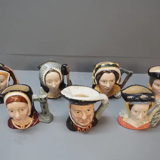 set of 7 Royal Doulton character jugs - King Henry VIII and his 6 wives - Catherine of Aragon H-180, Anne Boleyn, Jane