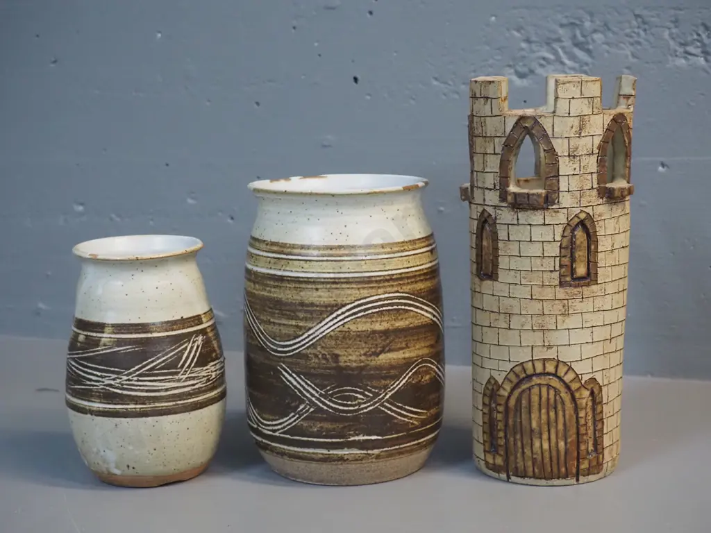 3 pieces NZ studio pottery marked IS (Isobel Spittle) - 3 vases - pierced castle themed tall one is H-240 Image 1++