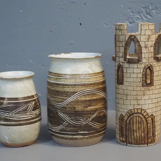 3 pieces NZ studio pottery marked IS (Isobel Spittle) - 3 vases - pierced castle themed tall one is H-240