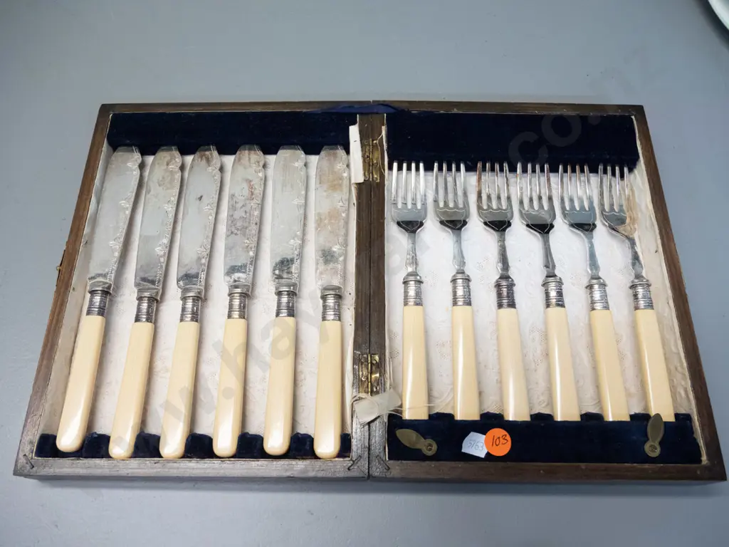 wood-cased set of 6 faux bone handled fish knives and forks - engraved pattern knives Image 1++