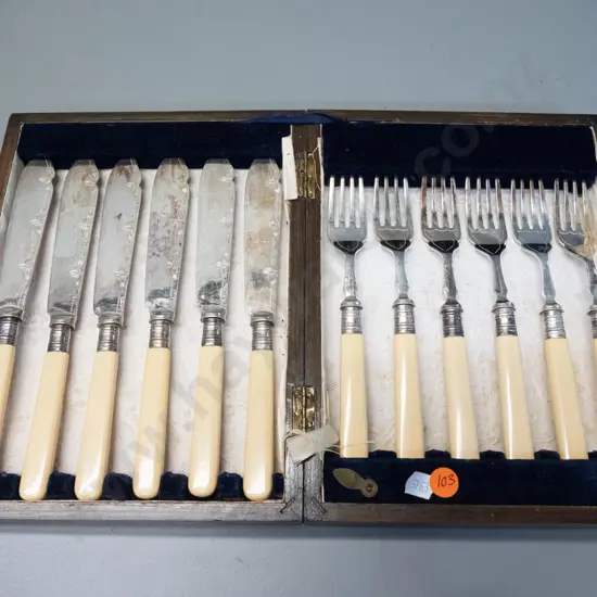 wood-cased set of 6 faux bone handled fish knives and forks - engraved pattern knives