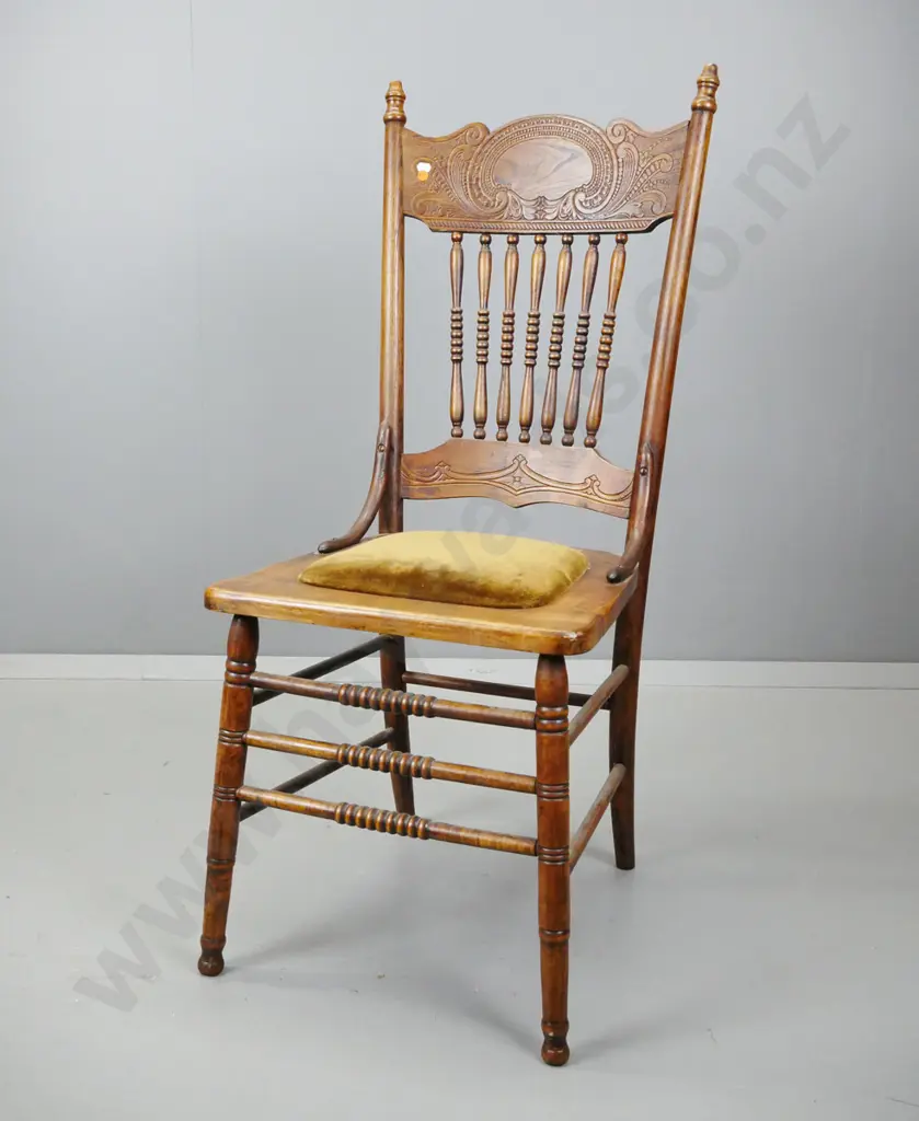 vintage elm pressed back dining chair with spindles in back, upholstered seat, turned stretcher base H-990 W-440 D-440 Image 1++
