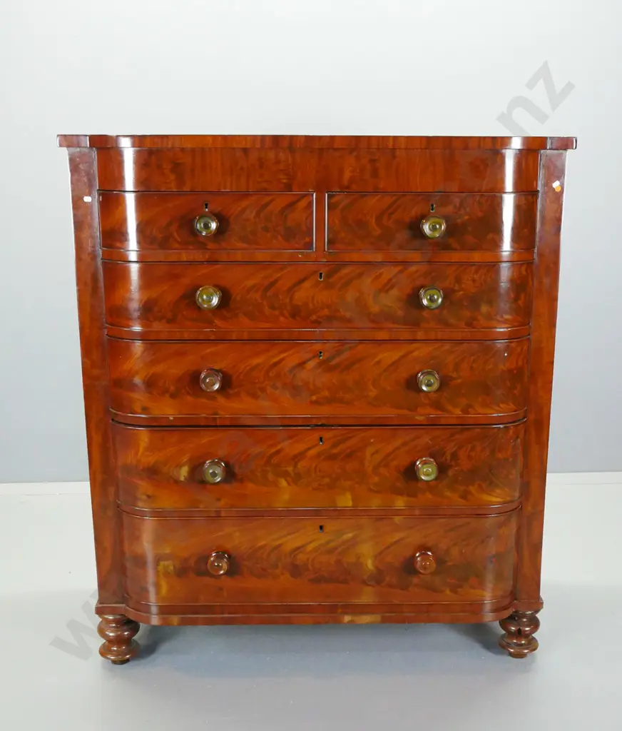 Victorian mahogany D-fronted 6-drawer chest with turned wooden knobs, cross-banded frieze, flame mahogany drawer fronts, Image 1++