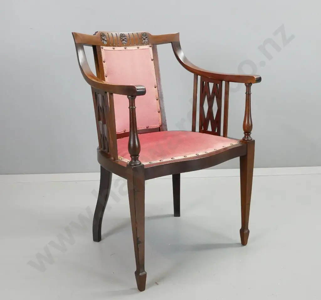 reproduction mahogany Regency-style armchair w/pierced lattice work decoration, square tapered legs, pink velvet Image 1++