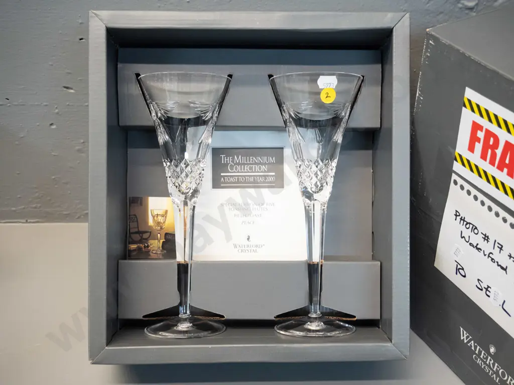 pair of Waterford Millennium Collection crystal champagne "Peace" toasting flutes H-230 in original box Image 1++