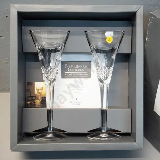 pair of Waterford Millennium Collection crystal champagne "Peace" toasting flutes H-230 in original box