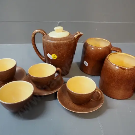 O.C. Stephens coffee and tea ware - 3 cups and saucers, sugar bowl, coffee pot H140, 2 mugs