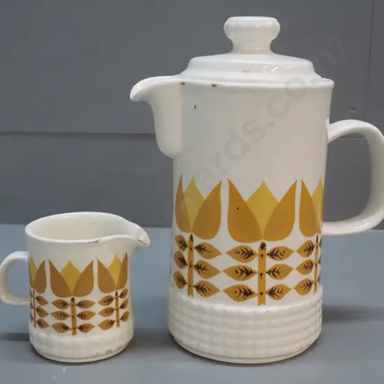 retro Crown Lynn coffee pot H-250 and cream jug No. 6020 - silver trim mostly worn off jug rim