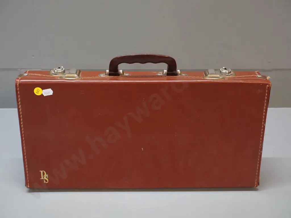 lodge regalia in small leather case - 2 aprons, sash and small pin. Some corrrosion to metal fittings on case, some wear Image 1++