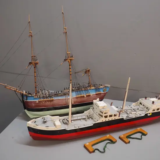 2 timber ship models in restorer's condition - a 3-masted sailing ship H-680 L-760 and a freighter or tanker with Shell