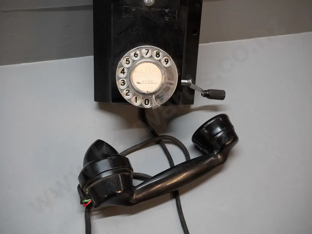 vintage bakelite wall-mount telephone with dial & hand crank, Milton 5992 insert - overall wear and tear H230 W160 D170 Image 1++